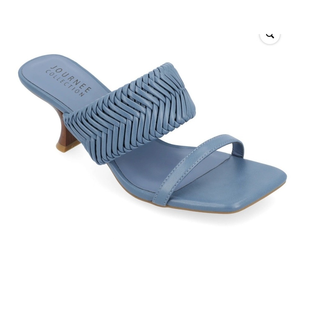 Journee Collection Women Blue Vegan Leather Woven Square Toe Heeled Mules Size 8